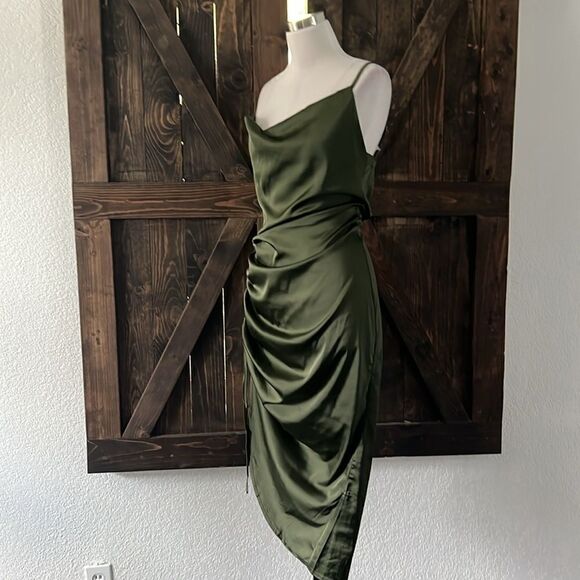 Neck Ruched Drawstring Knot Asymmetrical Satin Cami high thigh slit Dress - Picture 7 of 15